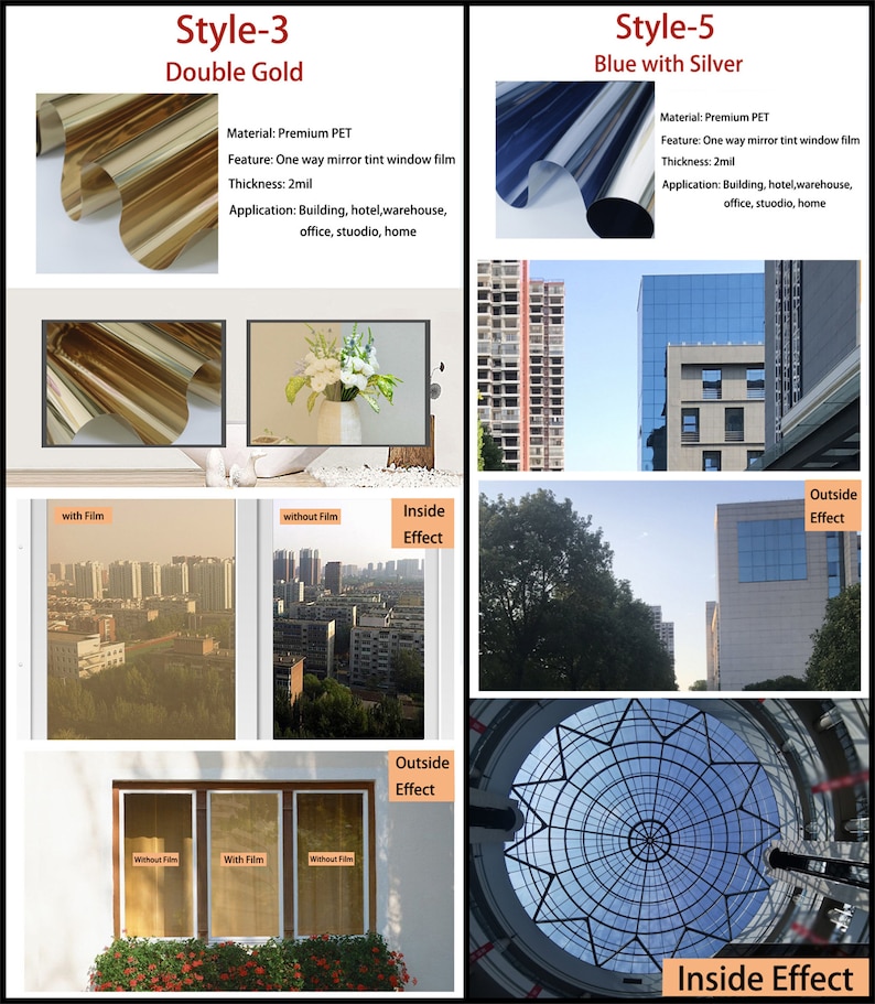 Puede incluir: La imagen muestra dos estilos de pel&iacute;cula para ventanas: Style-3 Doble Oro y Style-5 Azul con Plata. La pel&iacute;cula Doble Oro se muestra en rollos y aplicada a ventanas, ofreciendo un efecto espejo. La pel&iacute;cula Azul con Plata tambi&eacute;n se muestra en rollos y aplicada a ventanas. El texto indica que la pel&iacute;cula es Premium PET.