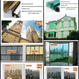 Puede incluir: La imagen muestra una pel&iacute;cula para ventanas en dos estilos: oro con plata y verde con plata. La pel&iacute;cula dorada se aplica a un edificio, creando un tono dorado. La pel&iacute;cula verde se aplica a una casa, dando un tinte verde. La imagen tambi&eacute;n muestra los efectos interior y exterior.