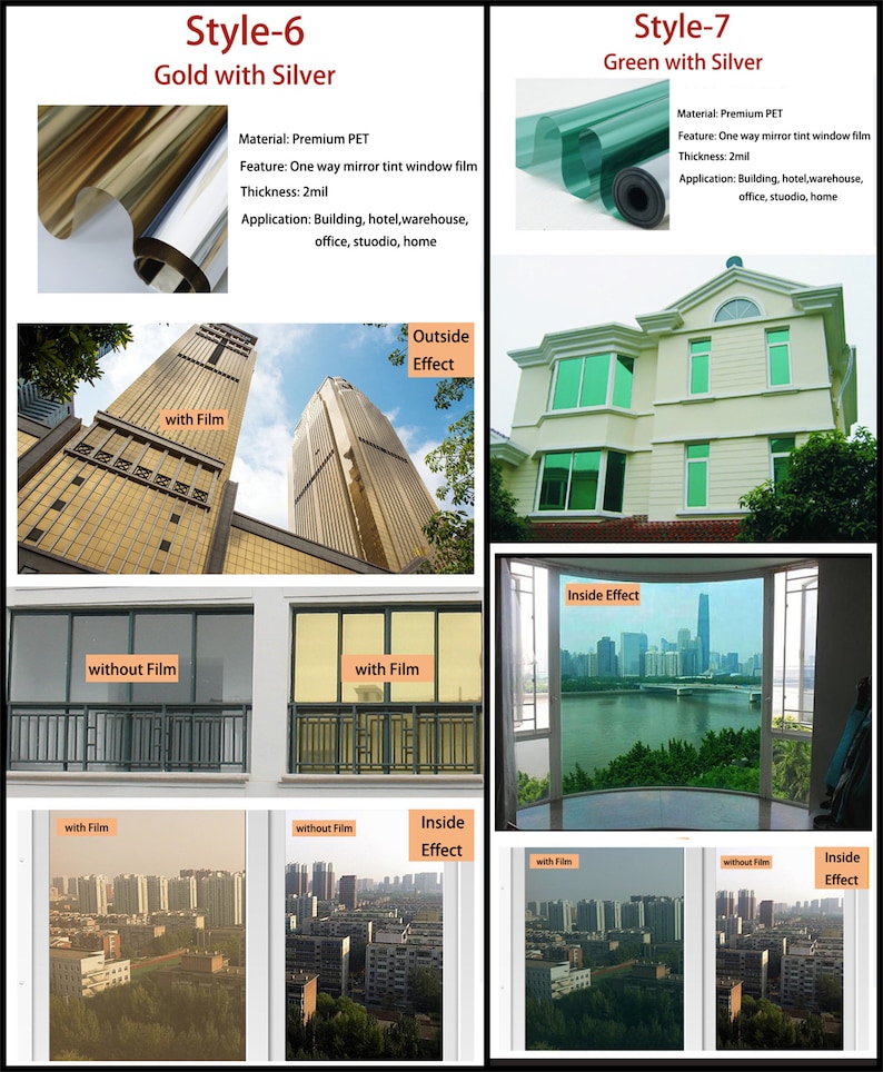 Puede incluir: La imagen muestra una pel&iacute;cula para ventanas en dos estilos: oro con plata y verde con plata. La pel&iacute;cula dorada se aplica a un edificio, creando un tono dorado. La pel&iacute;cula verde se aplica a una casa, dando un tinte verde. La imagen tambi&eacute;n muestra los efectos interior y exterior.