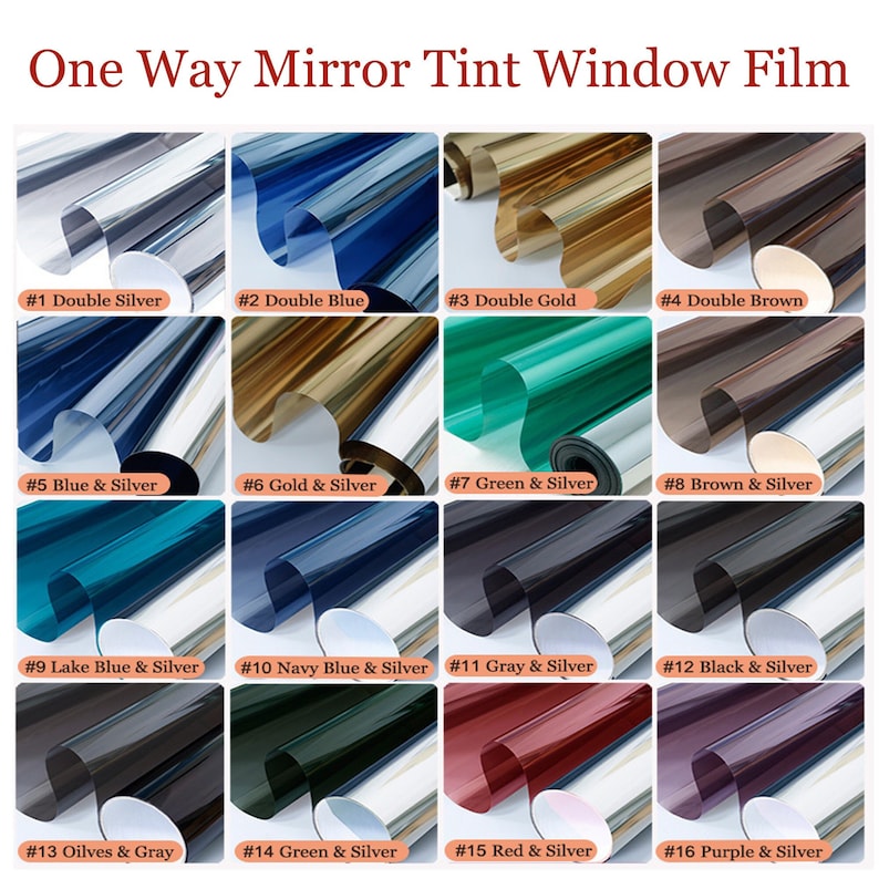 Puede incluir: Imagen que muestra diecis&eacute;is rollos diferentes de pel&iacute;cula para ventanas con efecto espejo unidireccional. Los rollos est&aacute;n etiquetados con n&uacute;meros y combinaciones de colores, incluyendo plata doble, azul, dorado, marr&oacute;n y varias mezclas de plata y color. El texto "One Way Mirror Tint Window Film" est&aacute; en la parte superior.