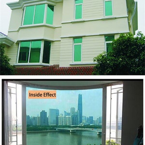 May include: Green window film with a silver mirror effect. The film is shown applied to a window, with a view of a city skyline visible through the film. The text "Inside Effect" is visible in the image. The film is 2 mil thick and made of premium PET. It is suitable for use in buildings, hotels, warehouses, offices, studios, and homes.