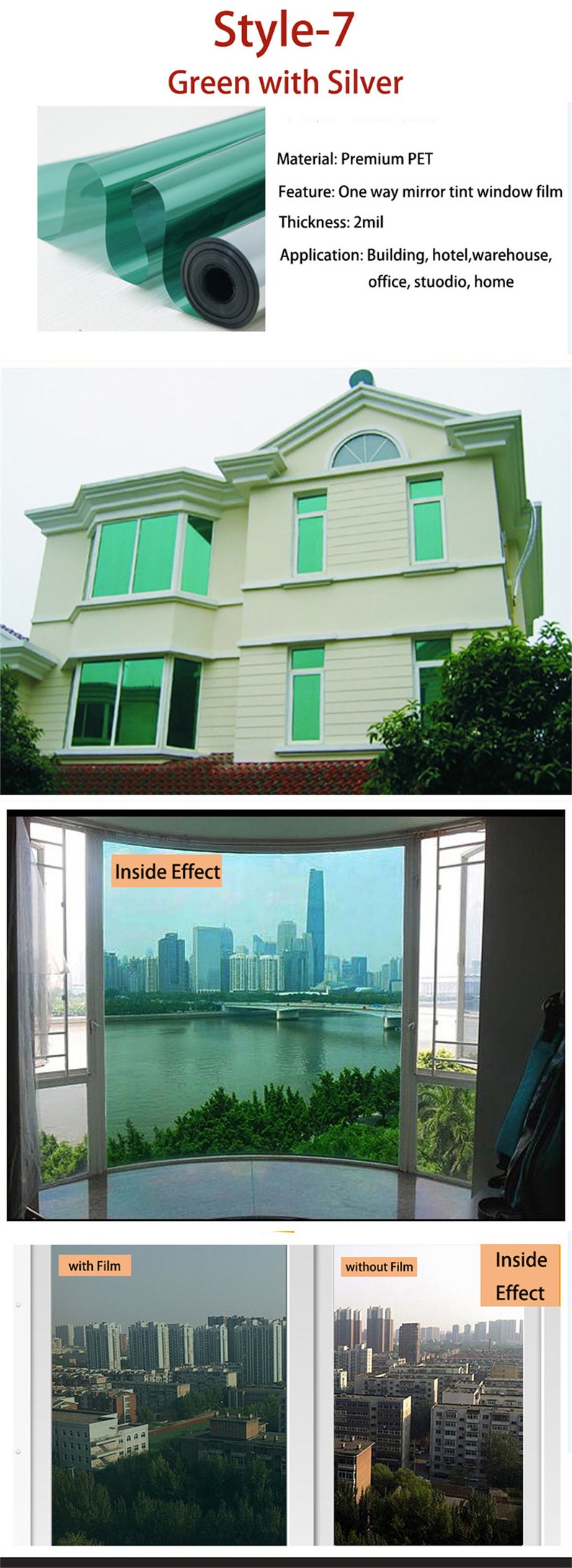 May include: Green window film with a silver mirror effect. The film is shown applied to a window, with a view of a city skyline visible through the film. The text "Inside Effect" is visible in the image. The film is 2 mil thick and made of premium PET. It is suitable for use in buildings, hotels, warehouses, offices, studios, and homes.
