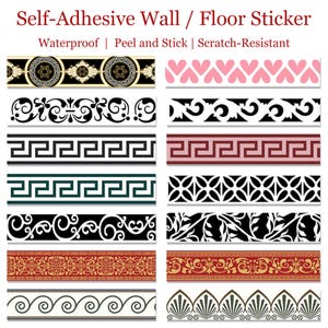 May include: A selection of self-adhesive wall and floor stickers featuring decorative border designs. The designs include geometric patterns, floral motifs, and heart shapes. The stickers are waterproof, peel and stick, and scratch-resistant.