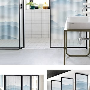 May include: A frosted glass window film with a blue and white mountain and bird design. The film is shown installed in a bathroom and a kitchen. The text "Style-9" is visible in the image.