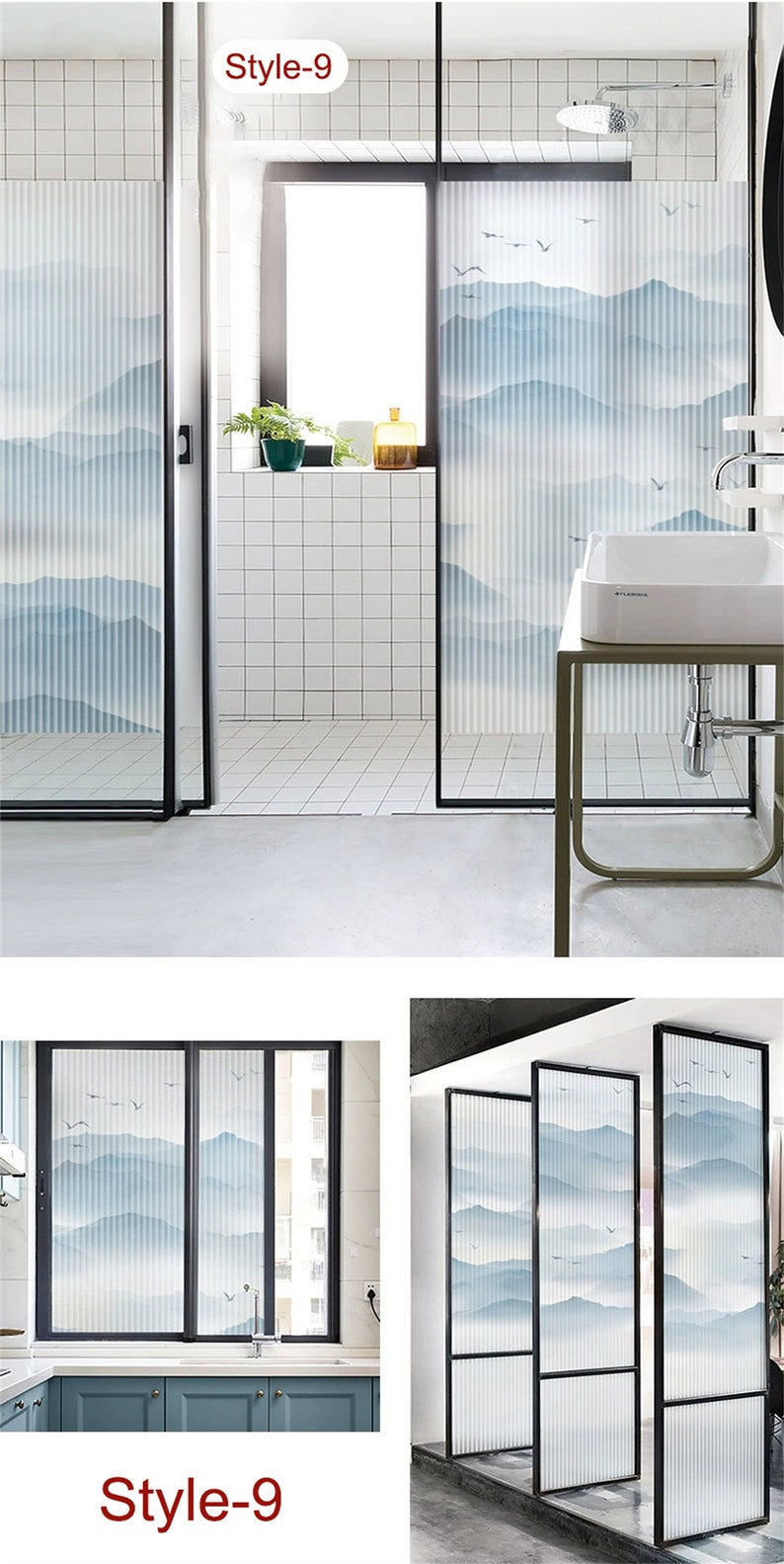 May include: A frosted glass window film with a blue and white mountain and bird design. The film is shown installed in a bathroom and a kitchen. The text "Style-9" is visible in the image.