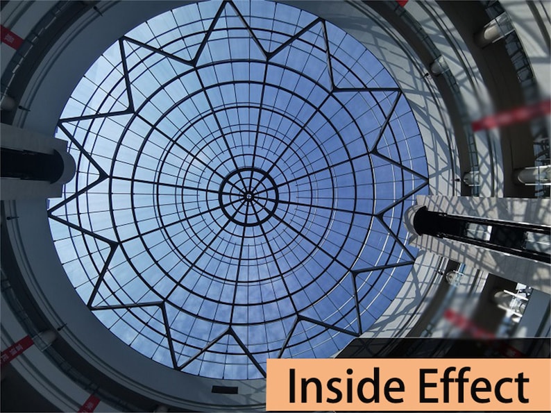 Puede incluir: Vista desde abajo de un techo de cristal con un dise&ntilde;o geom&eacute;trico contra un cielo azul. El techo est&aacute; sostenido por una estructura met&aacute;lica, y el texto "Inside Effect" es visible en la parte inferior.