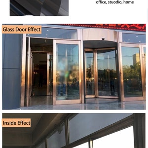 May include: A dark gray window film with a one-way mirror effect. The film is applied to a glass door and a window. The text "Glass Door Effect" and "Inside Effect" is visible in the image. The text "Style-13 Olives with Silver" is also visible. The text "Material: Premium PET, Feature: One way mirror tint window film, Thickness: 2mil, Application: Building, hotel, warehouse, office, studio, home" is visible in the image.