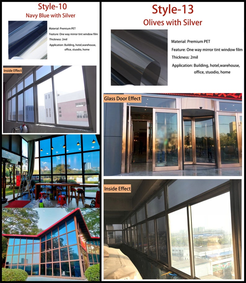 Puede incluir: Im&aacute;genes de l&aacute;minas para ventanas en azul marino y verde oliva con plata, dise&ntilde;adas para efectos de espejo unidireccional. Adecuadas para edificios, hoteles, almacenes, oficinas y hogares. El grosor de la l&aacute;mina es de 2 mil.