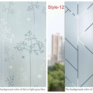 May include: Two window film samples with different patterns. The left sample has a light gray blue background with a white floral design. The right sample has a gradient light gray blue background with a geometric pattern of intersecting lines.