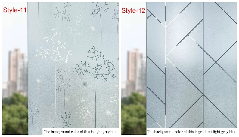 May include: Two window film samples with different patterns. The left sample has a light gray blue background with a white floral design. The right sample has a gradient light gray blue background with a geometric pattern of intersecting lines.