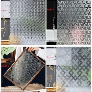Könnte beinhalten: Vier verschiedene Stile von Milchglasfolie. Jeder Stil verfügt über ein anderes geometrisches Muster. Die Folie ist selbstklebend und kann auf jede glatte Oberfläche aufgebracht werden. Style-1, Style-2, Style-3, Style-4.