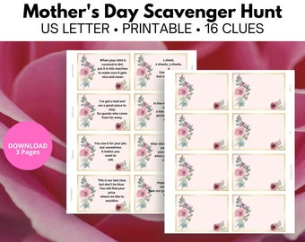 Mother's Day Scavenger Hunt: 16 Riddle Clue Cards (PDF Printable)