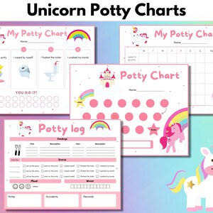 May include: Four printable potty training charts featuring a unicorn theme. The charts include a daily checklist, a reward chart, a potty log, and a sticker chart. The charts are pink and white with rainbow accents.