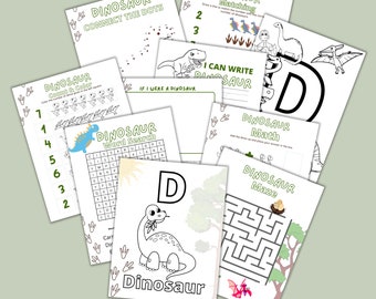Zeszyt ćwiczeń dla dzieci o dinozaurach: labirynt do druku, matematyka, kolorowanie (wersja cyfrowa do pobrania)