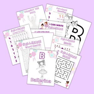 Libro di attività stampabile Ballerina - Scarica PDF: Unisci i punti, ricerca di parole, labirinto, pagina da colorare ballerina, colora e conta, pagine di matematica