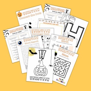 Peut inclure: Un ensemble de feuilles d'activit&eacute;s d'Halloween imprimables pour les enfants. Les feuilles comprennent une activit&eacute; de points &agrave; relier, une recherche de mots, une chasse au tr&eacute;sor, plut&ocirc;t que, des math&eacute;matiques et un labyrinthe. Les feuilles sont en noir et blanc avec du texte orange et noir.