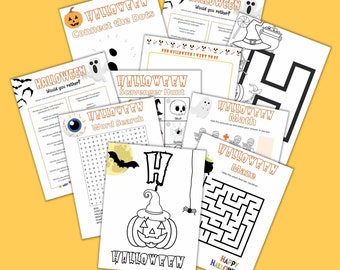 May include: A set of printable Halloween activity sheets for kids. The sheets include a connect the dots, word search, scavenger hunt, would you rather, math, and maze activity. The sheets are black and white with orange and black text.
