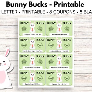 Peut inclure: Coupons imprimables avec un lapin de dessin animé tenant une carotte. Les coupons sont verts et blancs et indiquent "Bunny Bucks" en haut. Les coupons sont pour des choses comme "Une sortie spéciale", "Soirée cinéma", "Soirée jeux en famille", "Un dîner spécial", "Sauter une corvée", "Un cadeau spécial", "Journée spéciale avec maman" et "Journée spéciale avec papa".