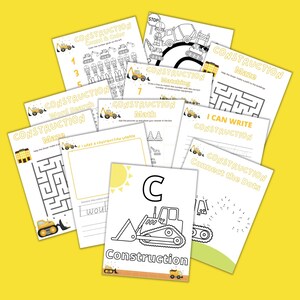 Peut inclure: Ensemble de feuilles d'activités imprimables sur le thème de la construction. Les feuilles présentent des labyrinthes, des points à relier, des problèmes de mathématiques et des jeux de recherche de mots. La palette de couleurs est principalement jaune, noir et blanc, avec des illustrations de véhicules de chantier.