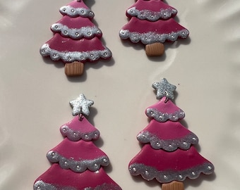 Handmade Pink Christmas Tree Earrings: Polymer Clay Holiday Jewelry