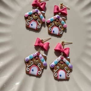 Gingerbread House Earrings with Pink Bows| Handmade Polymer Clay Christmas Earrings |Christmas Inspired Jewelry| Cute Holiday Gift