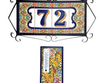Set of any House Number + Thermometer - Free Pre-order Photo | Spanish Tile Address Sign Outdoor Wall Decor Curb Appeal Coastal Wall Art