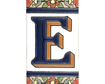 Hand-Painted Ceramic Letter E Tile: Spanish Floral House Sign Component (11cm)