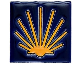 Framed Scallop Shell Ceramic Magnet 5×5 cm 2"×2" | St James Way Symbol Yellow Border Spanish Pottery Camino de Santiago Pilgrim Gift Artisan