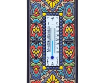 Hand Painted Ceramic Gift Thermometer 15x7.5cm | Artisan Spanish Pottery Unique Housewarming Present Garden Decor Indoor Wall Plaque Glazed