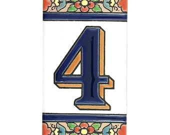 Hand-Painted Spanish Ceramic House Number 4 Tile: Flores Pattern Address Plaque