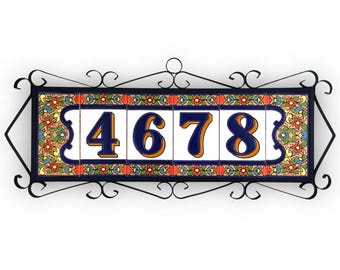 Handcrafted Ceramic Address Sign - 4 Digits Flores Plaque | Spanish Pottery House Number Floral Tile Outdoor Street Nameplate Custom