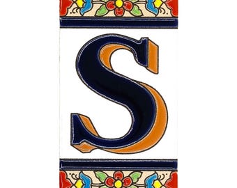 Handmade Ceramic Letter S Tile | Spanish Floral Flores Design | 11cm Alphabet House Name Plaque Mediterranean Pottery Decor