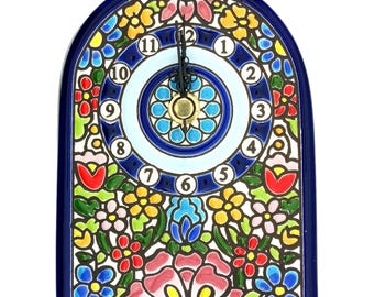Botanical Tabletop Standing Clock 10x13 cm | Mini Ceramic Desk Decor Silent Mantel Clock Handmade Nature Inspired Anniversary Floral Gift