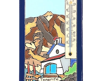 Tenerife Outdoor Ceramic Thermometer 15x10 cm 6"x4" | Weather Gauge Mount Teide Canary Islands Souvenir Spanish Pottery Patio Garden Gift