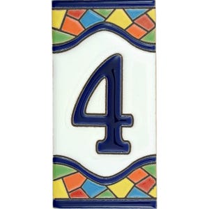 May include: Rectangular ceramic house number tile with a white background and a large, dark blue number 4. The tile is bordered with a blue wavy line and colorful mosaic-style tiles in yellow, orange, green, and blue.