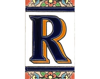 Handmade Ceramic Letter R Tile | Spanish Floral Design | Decorative Alphabet House Sign | New Home Gift