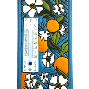 Handmade Spanish Garden Ceramic Outdoor Thermometer: Orange Blossom Wall Art (15x7.5cm)