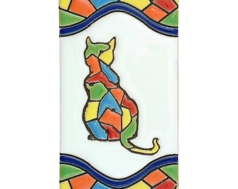 Mallorca Katze Keramikfliese Spanisch Blau Weiß Kätzchen Icon 11 cm Handgemachte Tierkeramik für Hausschilder Katzenliebhaber Geschenk Küstenmediterranes