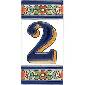 Número 2 de azulejo español con diseño de flores, 11 cm, cerámica pintada a mano, letrero exterior, decoración de pared de jardín, estilo mediterráneo.