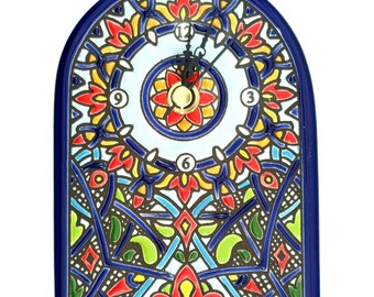 Traditional Tabletop Standing Clock 10x13 cm | Small Shelf Decor Colorful Spain Ceramic Pottery Timepiece Mediterranean Bedroom Zen Accent