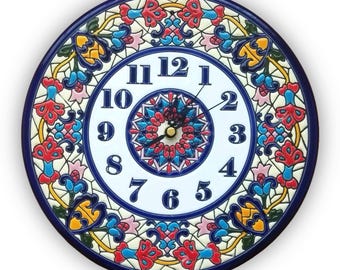 Blue White Red Mediterranean Clock 25cm | Spanish Tile Style Pottery Silent Wall Art Coastal Kitchen Decor New Home Housewarming Gift