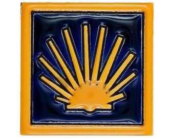 Traditional Scallop Shell Ceramic Magnet 5×5 cm 2"×2" | Camino de Santiago Symbol Blue and Yellow Spanish Artisan Pottery St James Souvenir