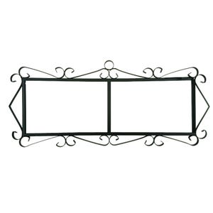 May include: Black metal sign with two rectangular frames, connected by a vertical bar. The sign has decorative scrollwork along the top and bottom edges, and diamond-shaped accents on the sides. The background is white.