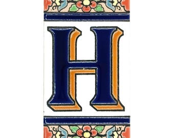Handmade Ceramic Letter H Tile | Spanish Floral Design | Decorative Pottery Alphabet House Sign Gift