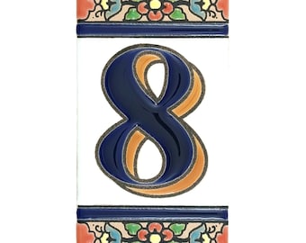 Hand-Painted Spanish Ceramic House Number 8 Tile: Flores Pattern Address Plaque