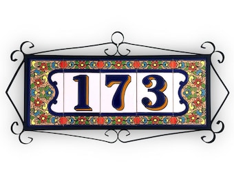 Artisan Spanish Ceramic House Number - 3 Digits Flores | Handcrafted Floral Tile Address Plaque Custom Outdoor Door Sign Hand Painted