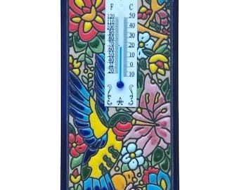 Ceramic Wall Thermometer 15x7.5cm - Indoor Outdoor Cuerda Seca Tile | Rustic Kitchen Wall Art Traditional Pottery Decorative Home Ornament