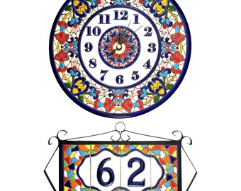 Set of any House Number + Wall Clock - Free Pre-order Photo | Silent Ceramic Timepiece Custom Address Plaque Mediterranean Home Decor Art
