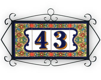 Hand Painted Ceramic Tile Address Sign - 2 Digits Flores | Custom House Number Plaque Spanish Pottery Outdoor Floral Door Nameplate