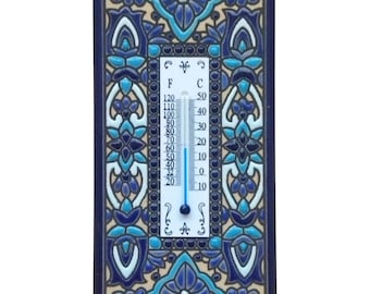 Termômetro artesanal de cerâmica espanhola 15x7,5 cm | Decoração de parede para ambientes internos e externos | Medidor de temperatura de cerâmica de alta qualidade, pintado à mão | Presente ideal para inauguração de casa
